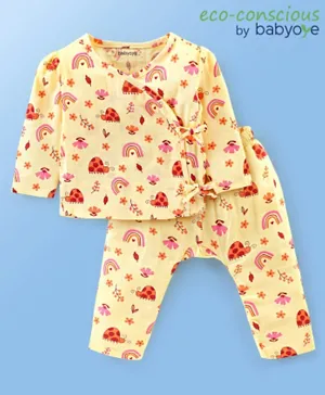 Babyoye Eco-Conscious Double Gauge Cotton Woven Full Sleeves Top & Leggings/Co-ord Set Floral Print - Yellow & Pink