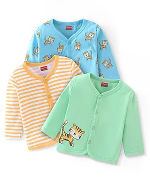 Babyhug 100% Cotton Full Sleeves Vests Stripes & Tiger Print Pack of 3- Green Orange & Blue