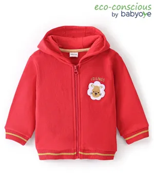 Babyoye 100% Cotton Knit Full Sleeves Hooded Sweatjacket with Text Embroidery & Patch - Red