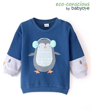 Babyoye Brushed Fleece 100% Cotton Full Sleeves Sweatshirt With Penguin Print - Blue