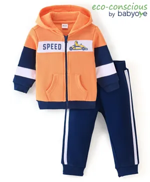 Babyoye 100% Cotton Knit Full Sleeves Hooded Winter Wear Suit with Car Print - Orange