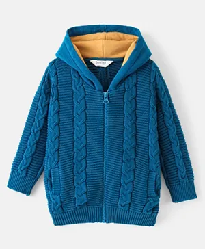 Bonfino 100% Cotton Knit Full Sleeves Hooded Sweater Cable Knit Design - Blue