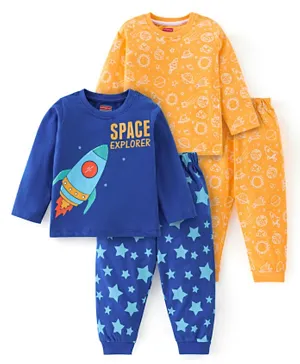 Babyhug Interlock Cotton Knit Full Sleeves Night Suit Space Print Pack of 2 - Blue & Orange