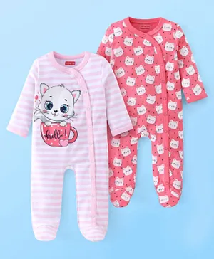 Babyhug Cotton Knit Full Sleeves Footed Sleepsuit Kitty Print Pack of 2 - Red & Pink