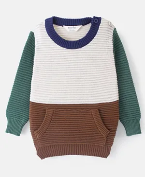 Bonfino 100% Cotton Knit Full Sleeves Colour Blocked Sweater - Off White