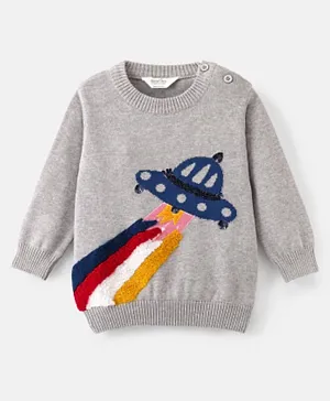 Bonfino 100% Cotton Knit Full Sleeves Pullover Sweater Spaceship Design - Grey