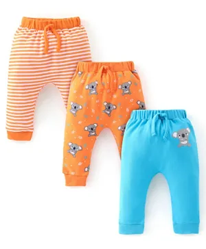 Babyhug Cotton Knit Full Length Diaper Pants Koala Print Pack of 3 - Orange & Blue
