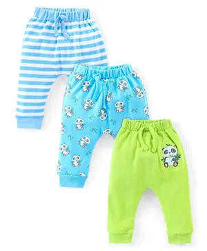 Babyhug Cotton Full Length Diaper Pants Stripes & Panda Print Pack of 3- Blue & Green