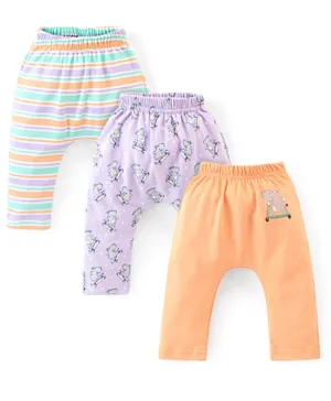 Babyhug Cotton Ankle Length Diaper Pants Stripes & Hippo Print Pack of 3- Peach Purple & Blue