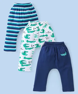 Babyhug Cotton Full Length Diaper Pants Stripes & Alligator Print Pack of 3- Blue Green & White