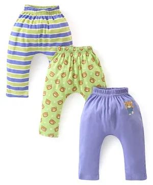 Babyhug Cotton Full Length Diaper Pants Stripes & Bear Print Pack Of 3- Green & Blue
