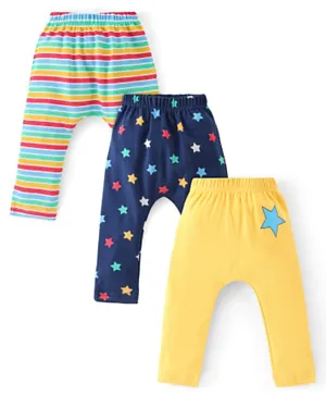 Babyhug Cotton Full Length Diaper Pants Stripes & Star Print Pack of 3 - Blue & Yellow