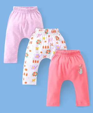 Babyhug Cotton Ankle Length Diaper Pants Floral & Dot Print Pack of 3- Pink White & Purple