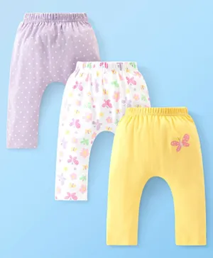 Babyhug Cotton Full Length Diaper Pants Butterfly & Floral Print Pack Of 3- Yellow White & Purple