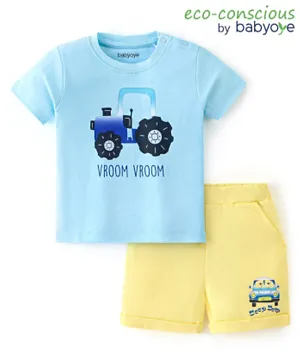 Babyoye 100% Cotton with Eco Jiva Finish Half Sleeves T-Shirt and Shorts Set Construction Vehicle Print - Blue