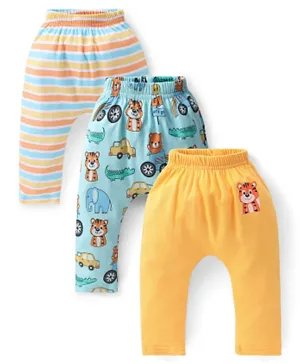 Babyhug Cotton Knee Length Diaper Pants Striped & Wild Animals Printed Pack of 3 - Yellow & Blue