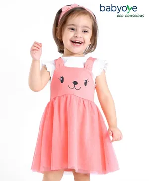 Babyoye Eco-Conscious Cotton  Frock with Frill Sleeves Inner Tee & Headband Teddy Embroidery - Pink