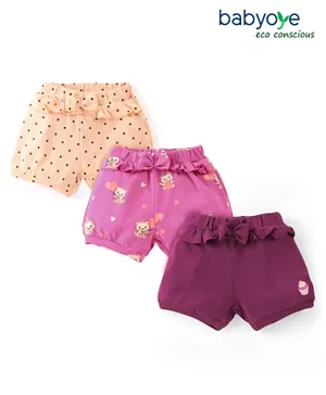 Babyoye Eco Conscious 100% Cotton Shorts With Kitty Print Pack of 3- Peach Pink & Maroon