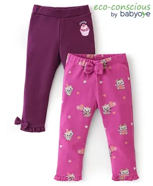 Babyoye Eco Conscious 100% Cotton Full Length Leggings With Kitty Print Pack Of 2 - Pink & Purple