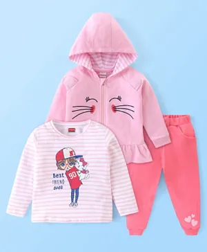 Babyhug 100% Cotton Full Sleeves T-Shirt & Hooded Top With Lounge Pants Stripes & Kitty Print- Pink