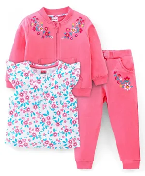 Babyhug 100% Cotton Full Sleeves Sweatshirt With Top & Lounge Pant/Co-ord Set Floral Print & Embroidery - Pink