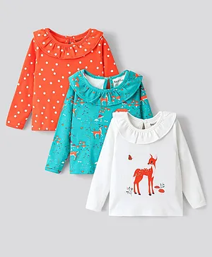 Bonfino Interlock 100% Cotton Knit Top With Dear & Polka Dots Print Pack Of 3 - Orange Green & White