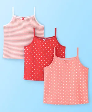 Pine Kids Cotton Sleeveless Antimicrobial Slips Stripes & Dot Print Pack Of 3 - Pink & Red