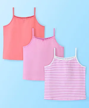 Pine Kids Cotton Sleeveless Antimicrobial Slips Solid & Stripes Pack Of 3 - Pink