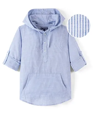 Pine Kids 100% Cotton Woven Full Sleeves Striped Hooded Shirt with Utility Pocket - Blue