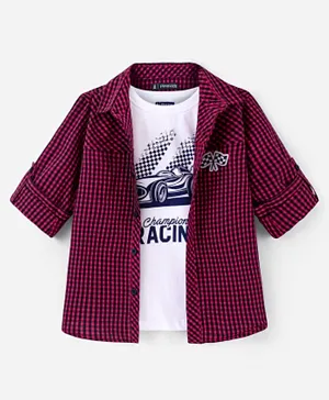 Pine Kids 100% Cotton Full Sleeves Check Shirt with Inner Tee - Maroon