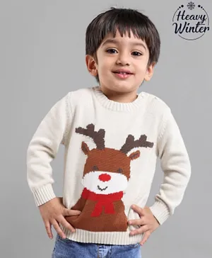 Babyoye 100% Cotton Intarsia Full Sleeves Sweater With Deer Print - Cream