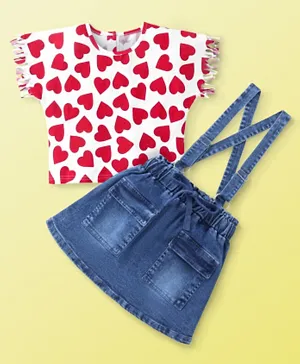 Ollington St. 100% Cotton Knit Heart Print Frill Sleeves Top with Stretchable Denim Pinafore - White Red & Indigo