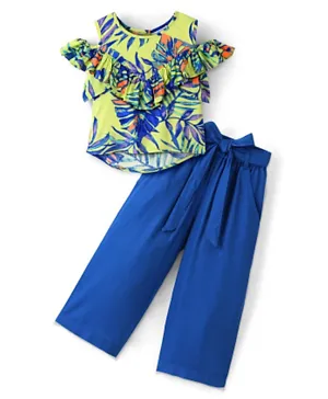 Ollington St. Tropical Print Cold Shoulder Rayon Top and Woven Pants with Belt - Green & Blue