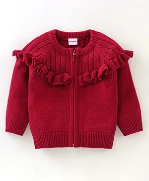 Babyhug 100% Acrylic Knit Full Sleeves Front Open Sweater with Frill Details - Maroon
