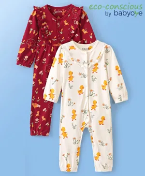 Babyoye 2 Pack Eco Conscious 100% Cotton Interlock Full Sleeves Rompers Floral Print - Red & White