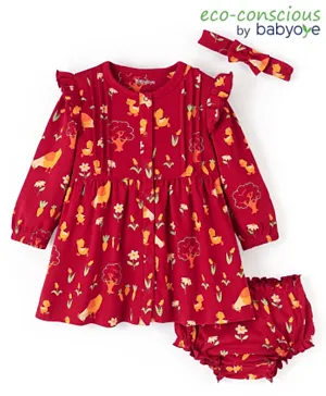 بيبي اوي فستان بأكمام طويلة من القطن العضوي 100% مع بلومر ذو طبعة بط - أحمر