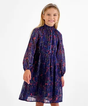 Primo Gino Full Sleeves High Neck Dress With Floral Print and Lurex - Navy Blue