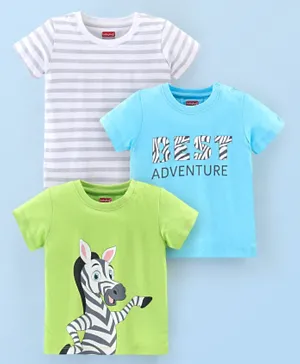 Babyhug Cotton Half Sleeves T-Shirt Zebra & Stripes Print Pack of 3- Green White & Blue