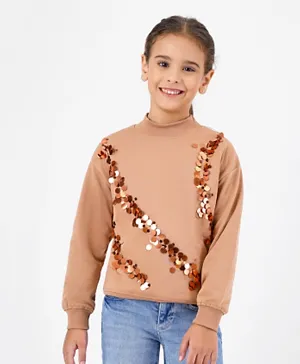 Primo Gino Full Sleeves 100% Cotton French Terry Fabric Sweatshirt with Colored Sequins - Pastry Beige