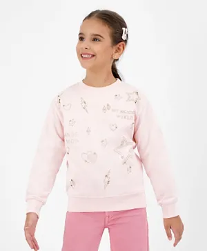 Primo Gino 100% Cotton French Terry Full Sleeves Sweatshirt with Heart Stars Print - Pink