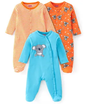 Babyhug Cotton Knit Full Sleeves Koala Printed Sleep Suits Pack of 3 - Multicolor