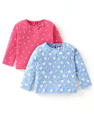 Babyhug Cotton Full Sleeves T-Shirt  with Floral Print & Bow Detailing Pack of 2 - Blue & Pink