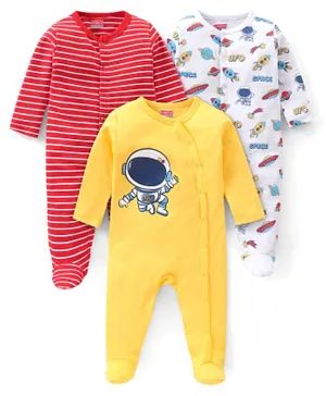 Babyhug Interlock Cotton Knit Full Sleeves Footed Sleep Suit Stripes & Space Print Pack of 3 - Red Yellow & White