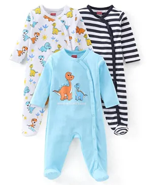 Babyhug 3 Pack Cotton Knit Full Sleeves Dino Printed Footed Sleep Suit - Muilticolour