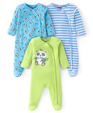 Babyhug Cotton Knit Full Sleeves Footed Sleepsuits with Panda Print Pack of 3 - Multicolor