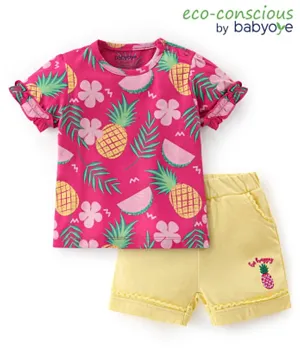 Babyoye Eco Conscious Cotton Half Sleeves T-Shirt & Shorts Set With Pineapple Print - Pink & Yellow