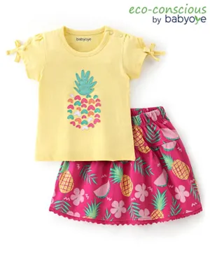 Babyoye Eco Conscious Cotton Half Sleeve Tops & Skirts With Pineapple Print & Applique - Pink & Yellow