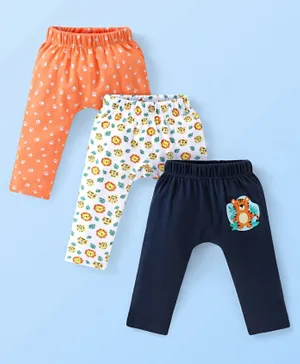 Babyhug 3 pack Cotton Knit Full Length Diaper Pants Paws Print - Orange Off White & Navy
