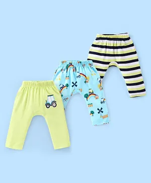 Babyhug Cotton Full Length Diaper Pants Stripes & Car Print Pack of 3- Blue Green & White