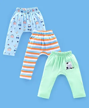 Babyhug Cotton Full Length Diaper Pants Stripes & Cow Print Pack of 3- Blue Green & Orange